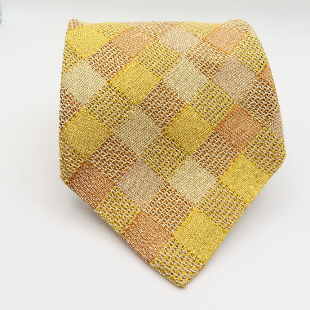 Ermenegildo Zegna Tie Silk Yellow Checkerboard 4" Wide 57" Long Italy - Picture 2 of 7